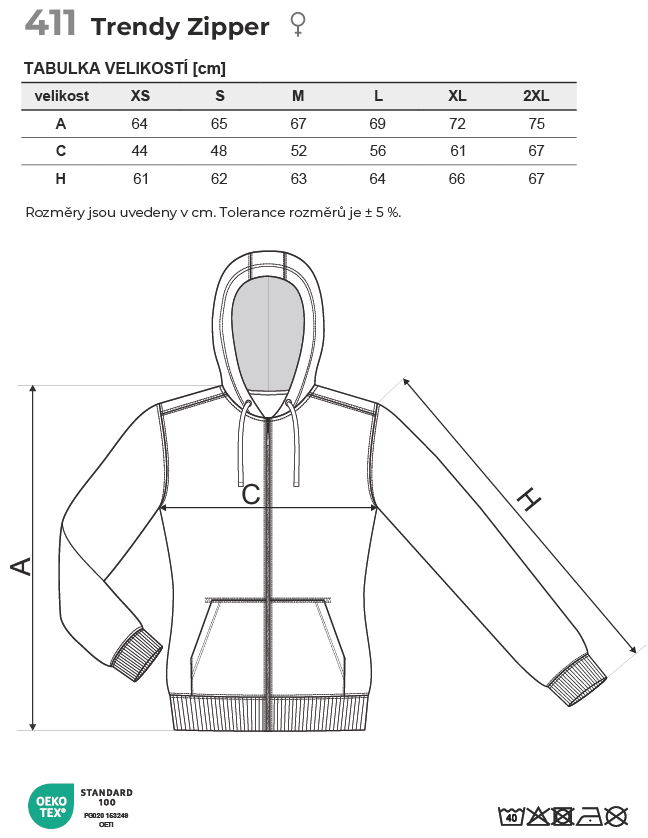 411 Trendy Zipper mikina dámská Tabulka velikostí